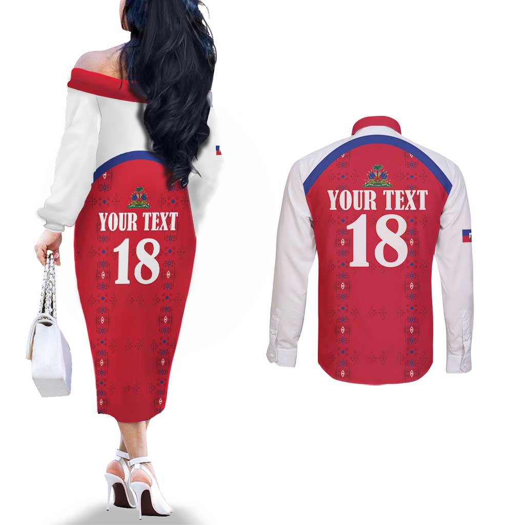 Custom Haiti Football Couples Matching Off The Shoulder Long Sleeve Dress and Long Sleeve Button Shirt Les Grenadiers Veve Haitian Vodou Red Version - Wonder Print Shop