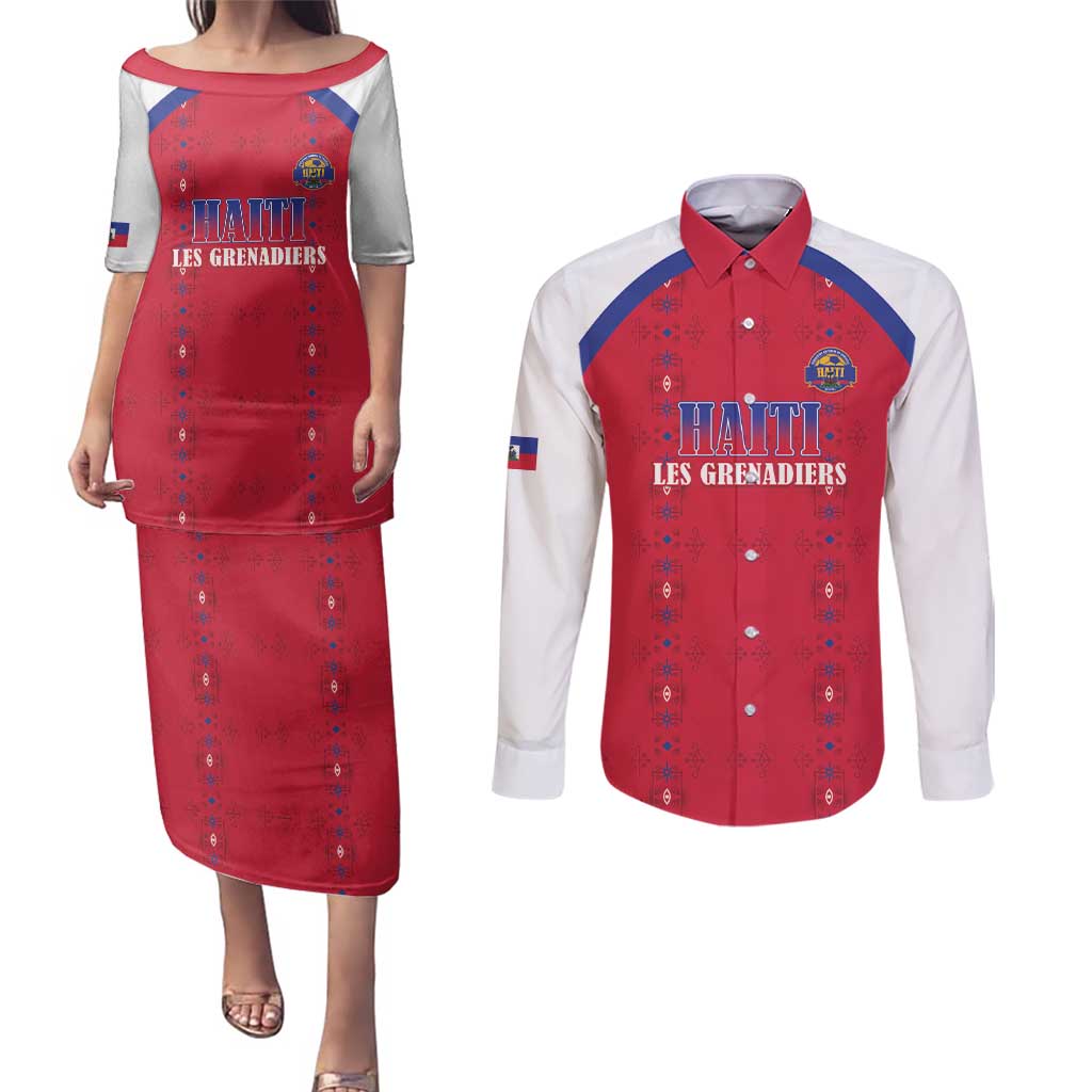 Custom Haiti Football Couples Matching Puletasi and Long Sleeve Button Shirt Les Grenadiers Veve Haitian Vodou Red Version - Wonder Print Shop