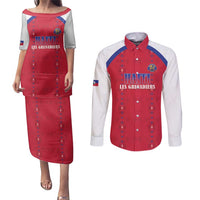 Custom Haiti Football Couples Matching Puletasi and Long Sleeve Button Shirt Les Grenadiers Veve Haitian Vodou Red Version - Wonder Print Shop