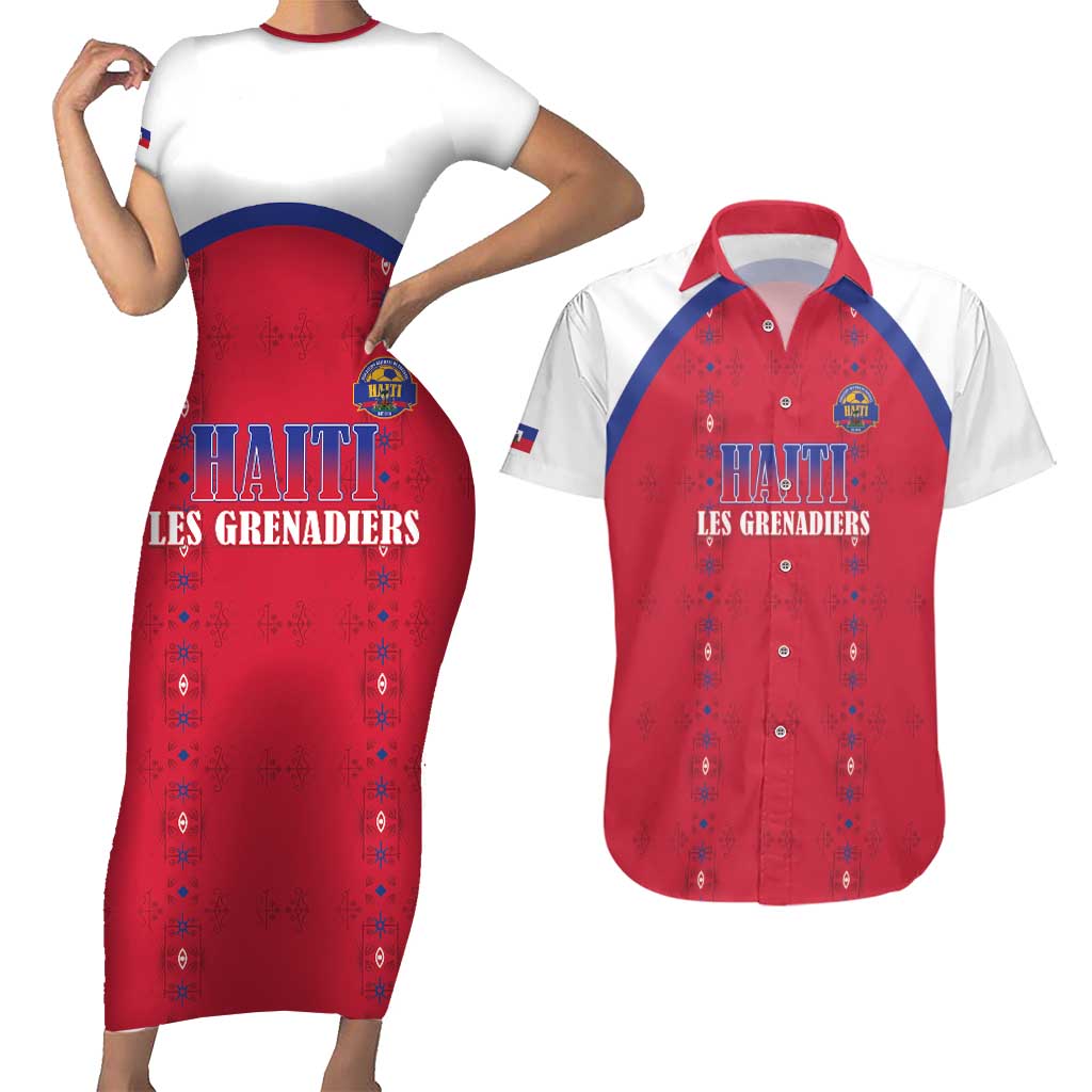 Custom Haiti Football Couples Matching Short Sleeve Bodycon Dress and Hawaiian Shirt Les Grenadiers Veve Haitian Vodou Red Version - Wonder Print Shop