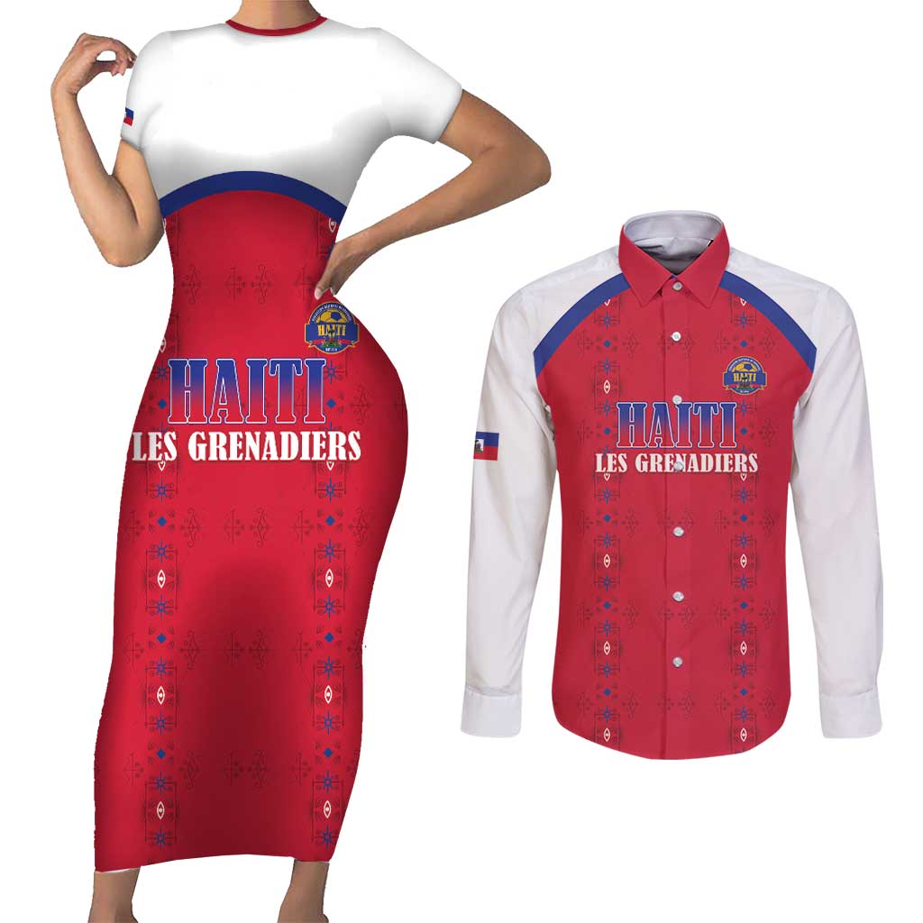 Custom Haiti Football Couples Matching Short Sleeve Bodycon Dress and Long Sleeve Button Shirt Les Grenadiers Veve Haitian Vodou Red Version - Wonder Print Shop