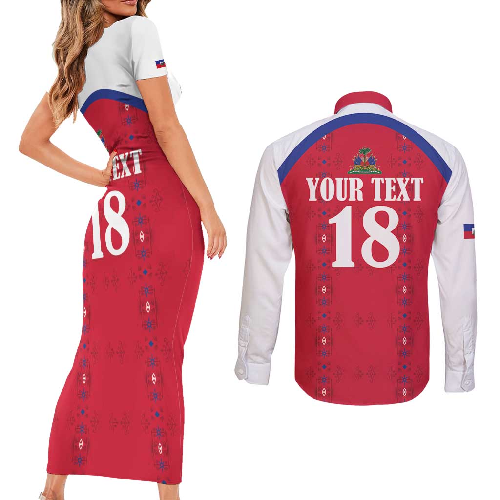 Custom Haiti Football Couples Matching Short Sleeve Bodycon Dress and Long Sleeve Button Shirt Les Grenadiers Veve Haitian Vodou Red Version - Wonder Print Shop