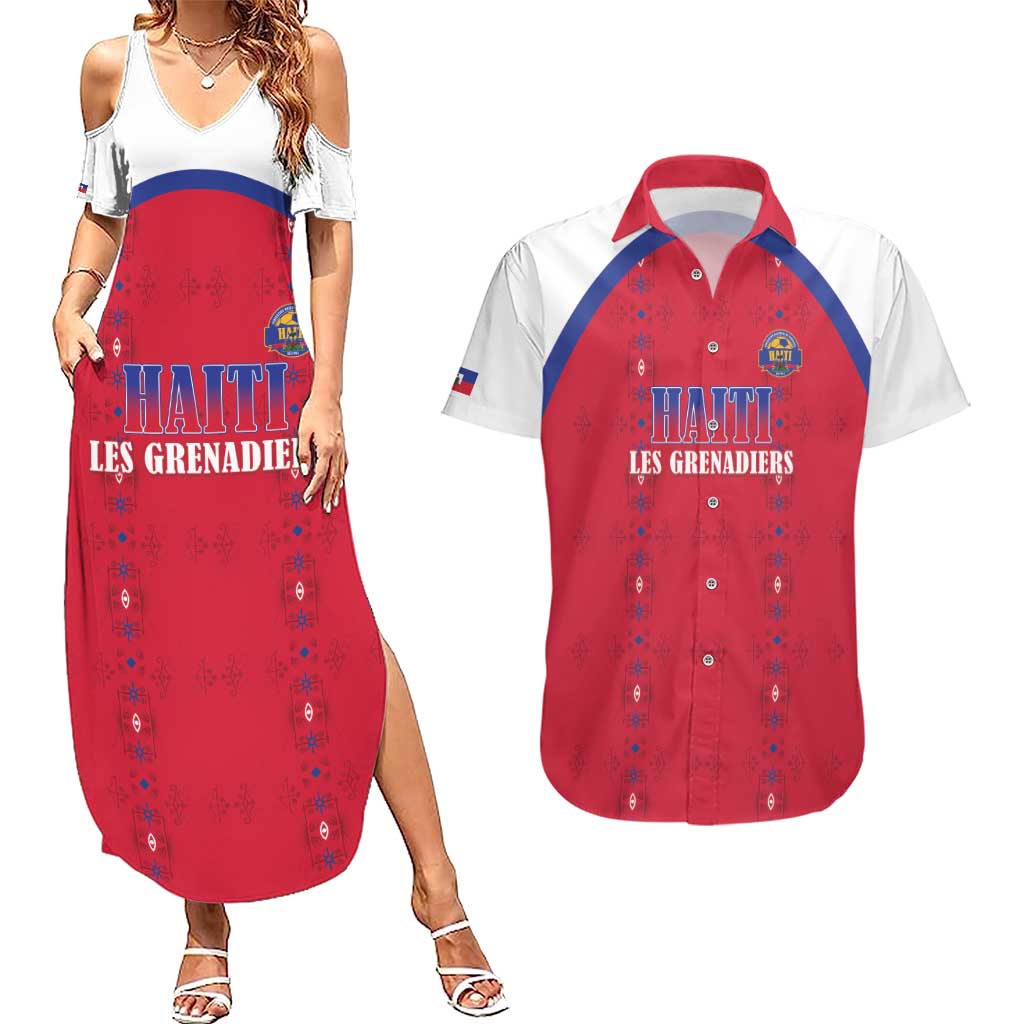 Custom Haiti Football Couples Matching Summer Maxi Dress and Hawaiian Shirt Les Grenadiers Veve Haitian Vodou Red Version - Wonder Print Shop