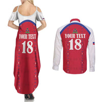 Custom Haiti Football Couples Matching Summer Maxi Dress and Long Sleeve Button Shirt Les Grenadiers Veve Haitian Vodou Red Version - Wonder Print Shop