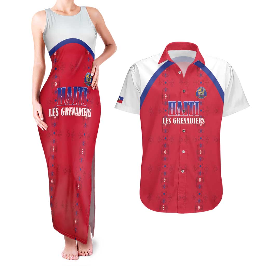 Custom Haiti Football Couples Matching Tank Maxi Dress and Hawaiian Shirt Les Grenadiers Veve Haitian Vodou Red Version - Wonder Print Shop