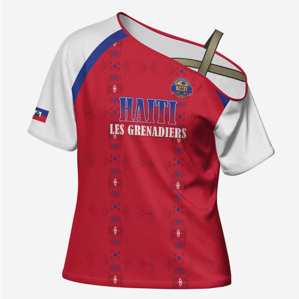 Custom Haiti Football Cross Shoulder Shirt Les Grenadiers Veve Haitian Vodou Red Version - Wonder Print Shop