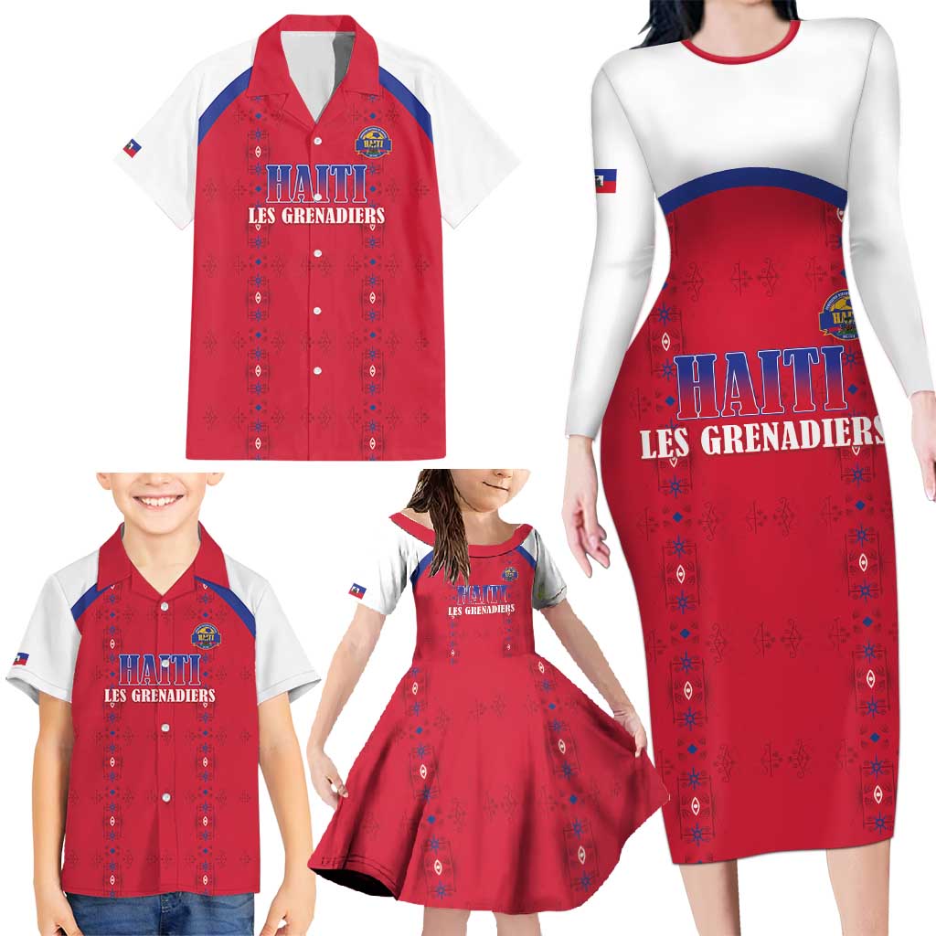 Custom Haiti Football Family Matching Long Sleeve Bodycon Dress and Hawaiian Shirt Les Grenadiers Veve Haitian Vodou Red Version - Wonder Print Shop