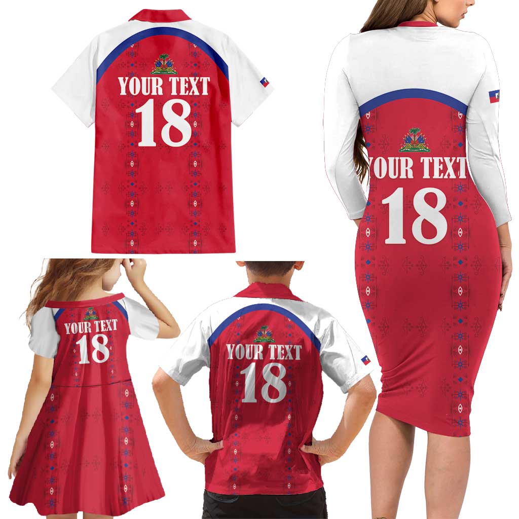 Custom Haiti Football Family Matching Long Sleeve Bodycon Dress and Hawaiian Shirt Les Grenadiers Veve Haitian Vodou Red Version - Wonder Print Shop