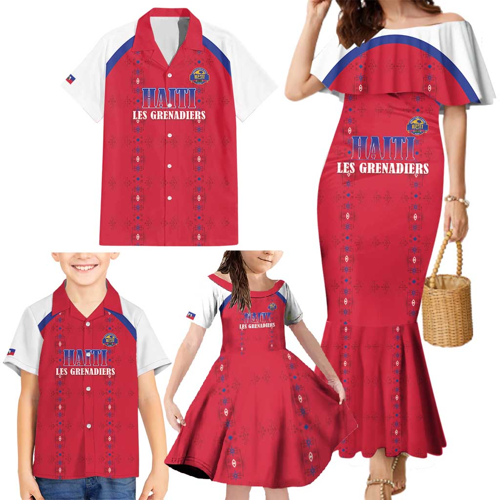 Custom Haiti Football Family Matching Mermaid Dress and Hawaiian Shirt Les Grenadiers Veve Haitian Vodou Red Version - Wonder Print Shop