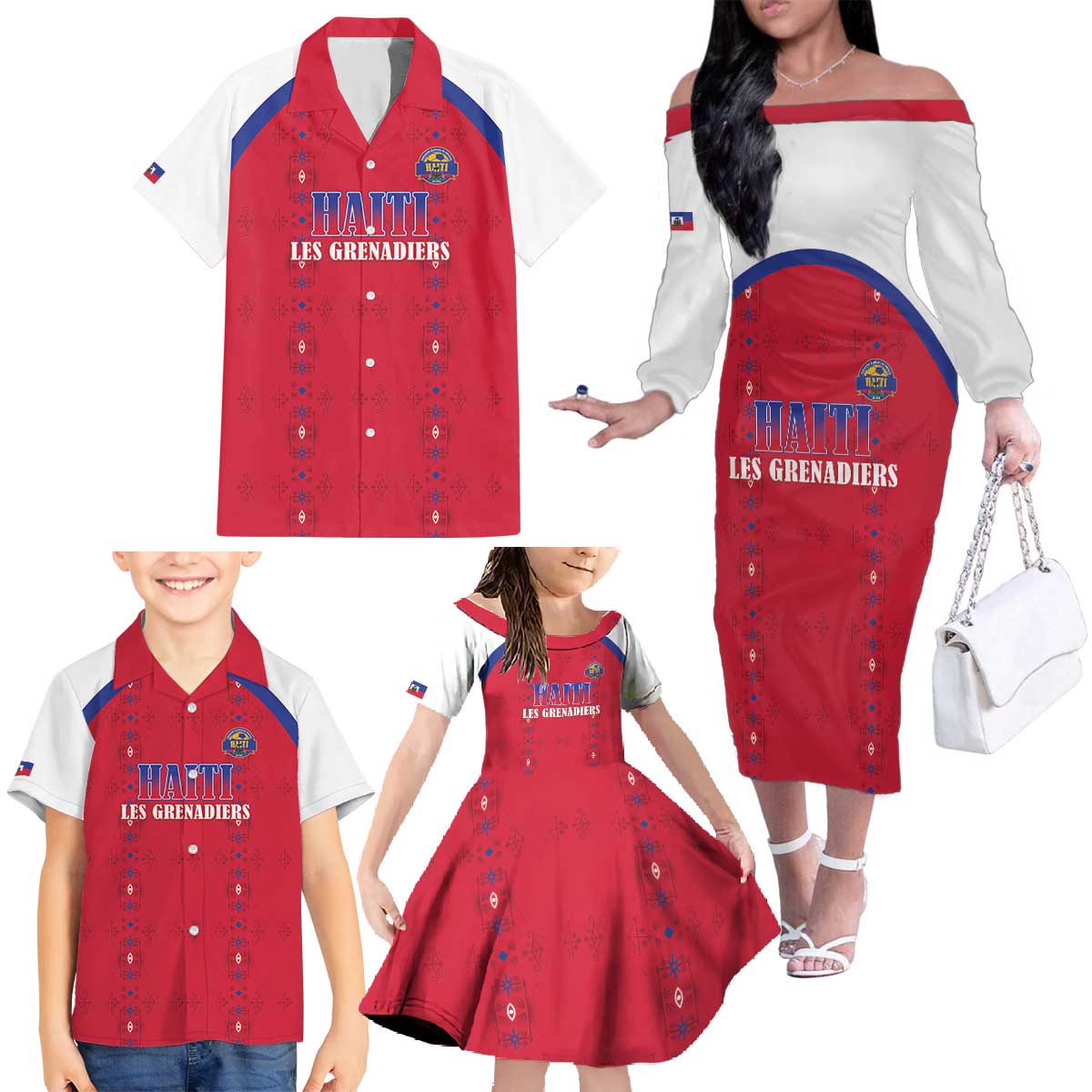 Custom Haiti Football Family Matching Off The Shoulder Long Sleeve Dress and Hawaiian Shirt Les Grenadiers Veve Haitian Vodou Red Version - Wonder Print Shop