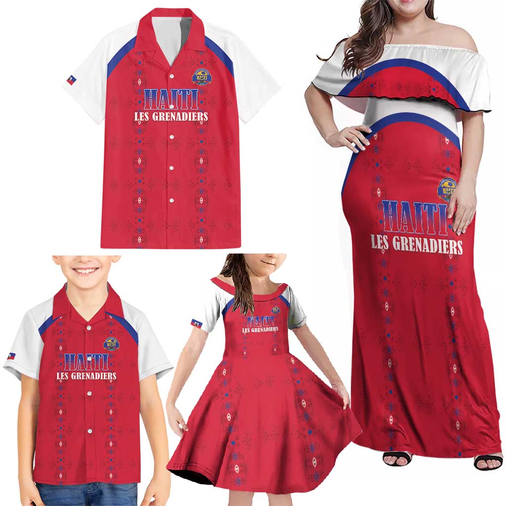 Custom Haiti Football Family Matching Off Shoulder Maxi Dress and Hawaiian Shirt Les Grenadiers Veve Haitian Vodou Red Version - Wonder Print Shop