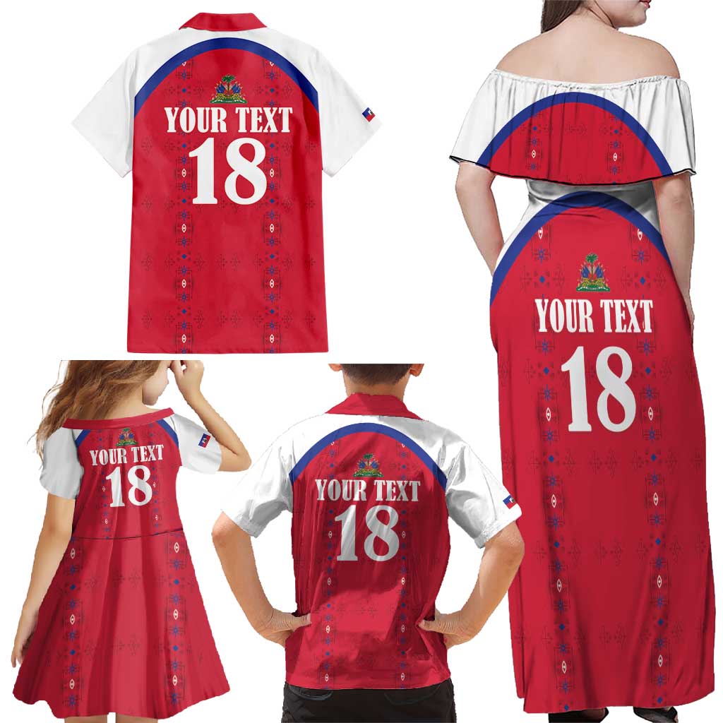 Custom Haiti Football Family Matching Off Shoulder Maxi Dress and Hawaiian Shirt Les Grenadiers Veve Haitian Vodou Red Version - Wonder Print Shop