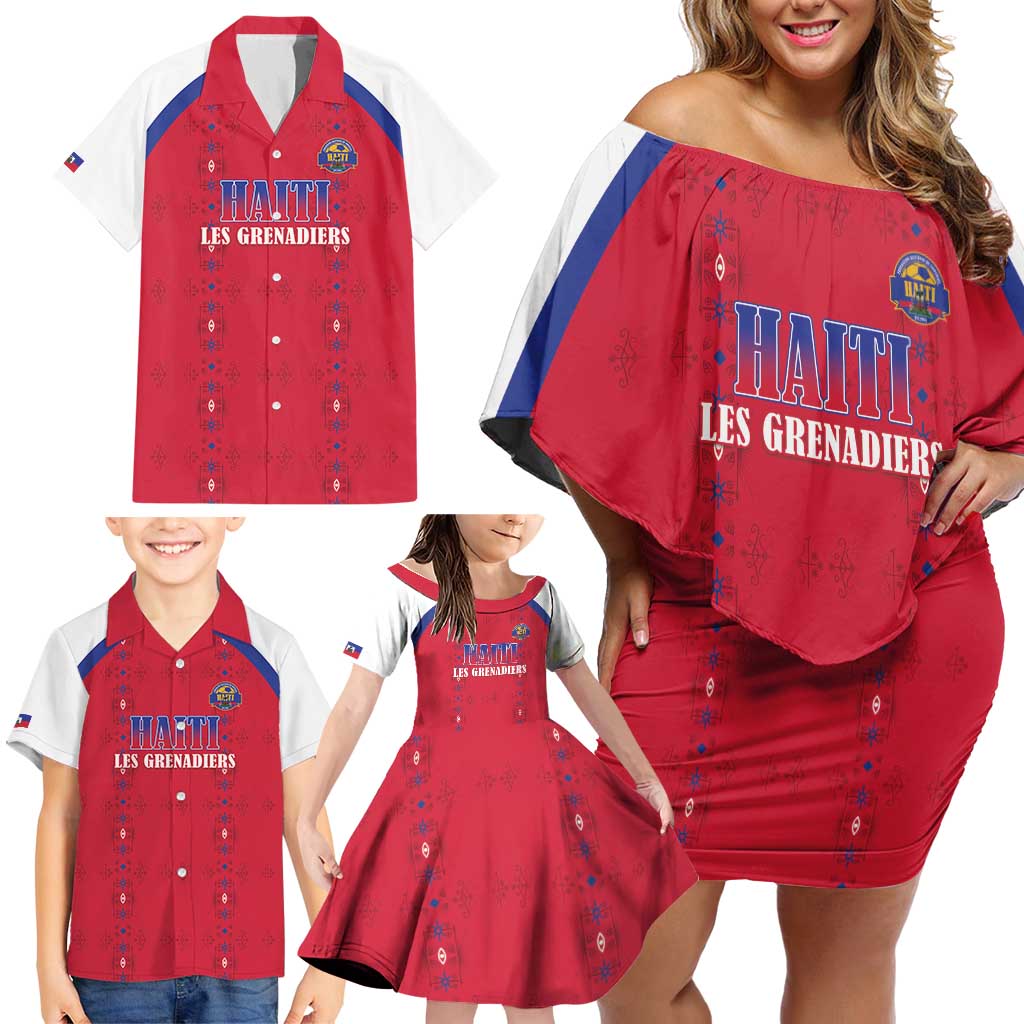 Custom Haiti Football Family Matching Off Shoulder Short Dress and Hawaiian Shirt Les Grenadiers Veve Haitian Vodou Red Version - Wonder Print Shop