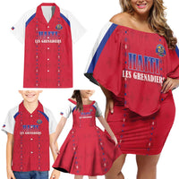 Custom Haiti Football Family Matching Off Shoulder Short Dress and Hawaiian Shirt Les Grenadiers Veve Haitian Vodou Red Version - Wonder Print Shop