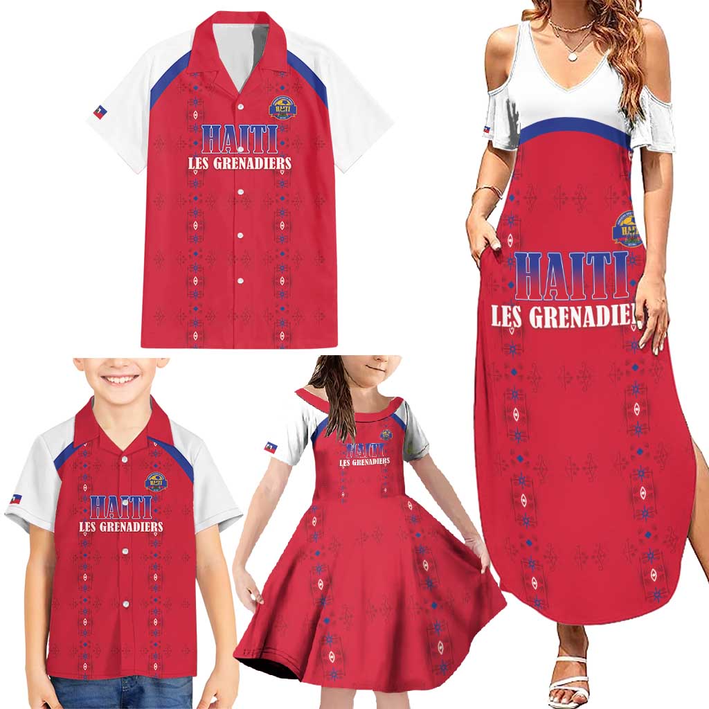 Custom Haiti Football Family Matching Summer Maxi Dress and Hawaiian Shirt Les Grenadiers Veve Haitian Vodou Red Version - Wonder Print Shop