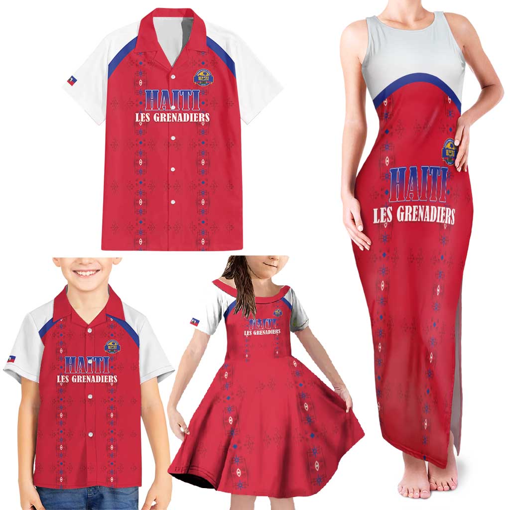 Custom Haiti Football Family Matching Tank Maxi Dress and Hawaiian Shirt Les Grenadiers Veve Haitian Vodou Red Version - Wonder Print Shop