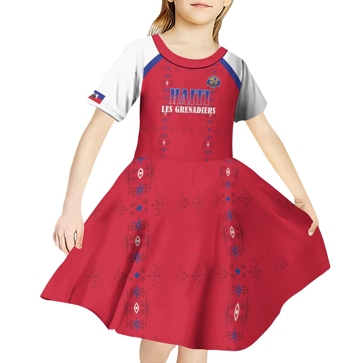Custom Haiti Football Kid Short Sleeve Dress Les Grenadiers Veve Haitian Vodou Red Version - Wonder Print Shop