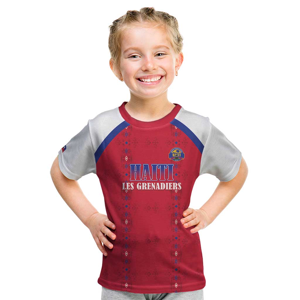 Custom Haiti Football Kid T Shirt Les Grenadiers Veve Haitian Vodou Red Version - Wonder Print Shop