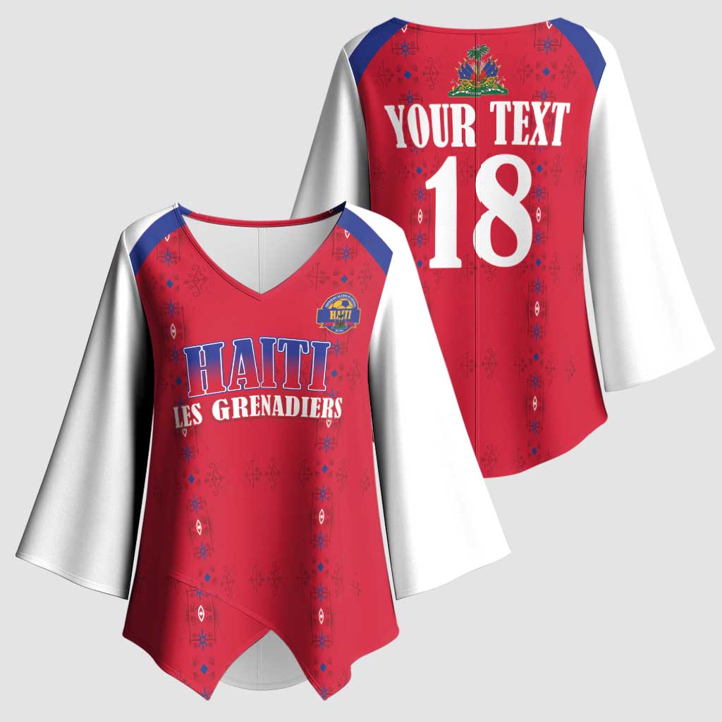Custom Haiti Football Kimono Sleeve Blouse Les Grenadiers Veve Haitian Vodou Red Version - Wonder Print Shop