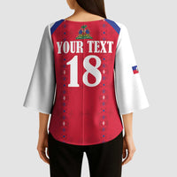 Custom Haiti Football Kimono Sleeve Blouse Les Grenadiers Veve Haitian Vodou Red Version - Wonder Print Shop