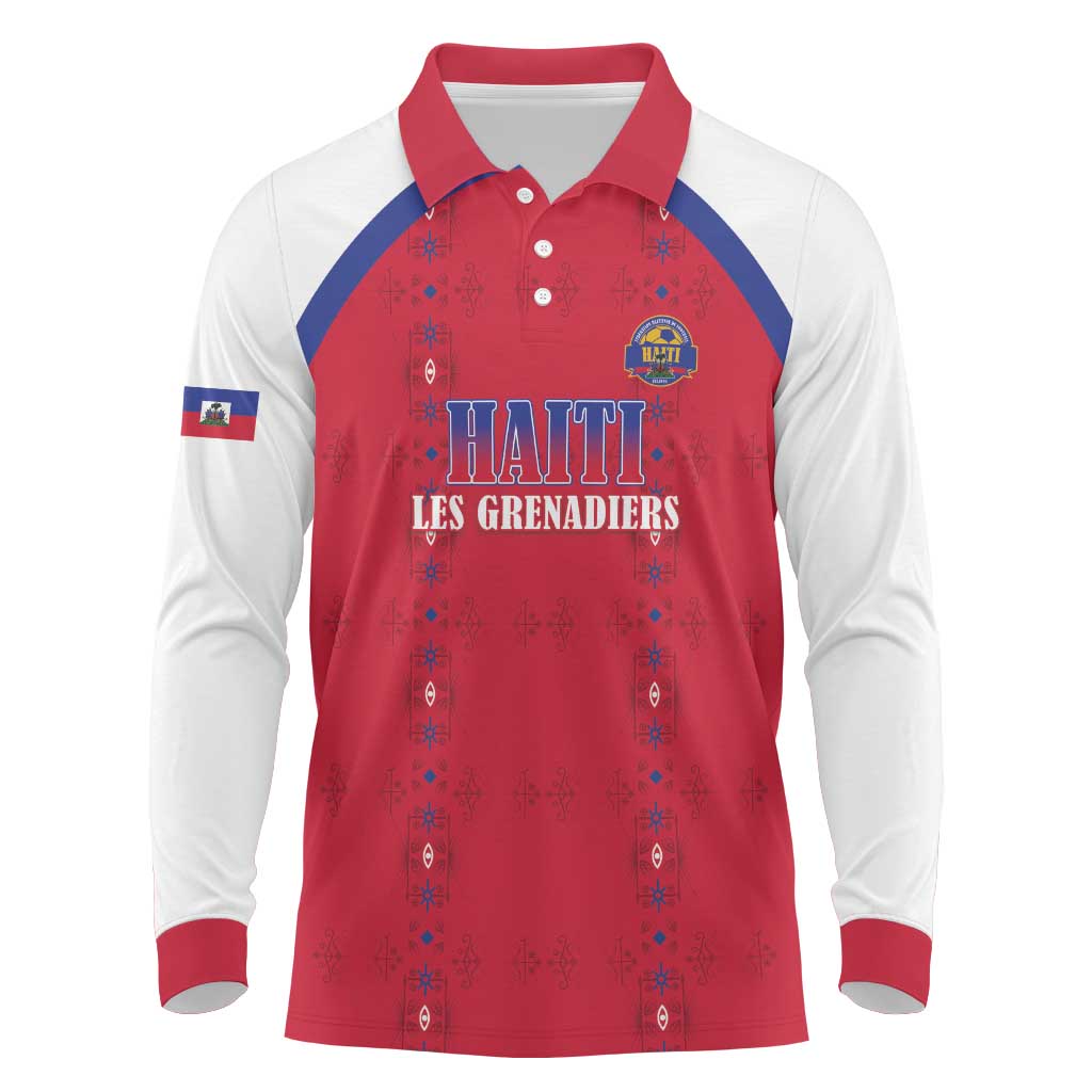 Custom Haiti Football Long Sleeve Polo Shirt Les Grenadiers Veve Haitian Vodou Red Version - Wonder Print Shop
