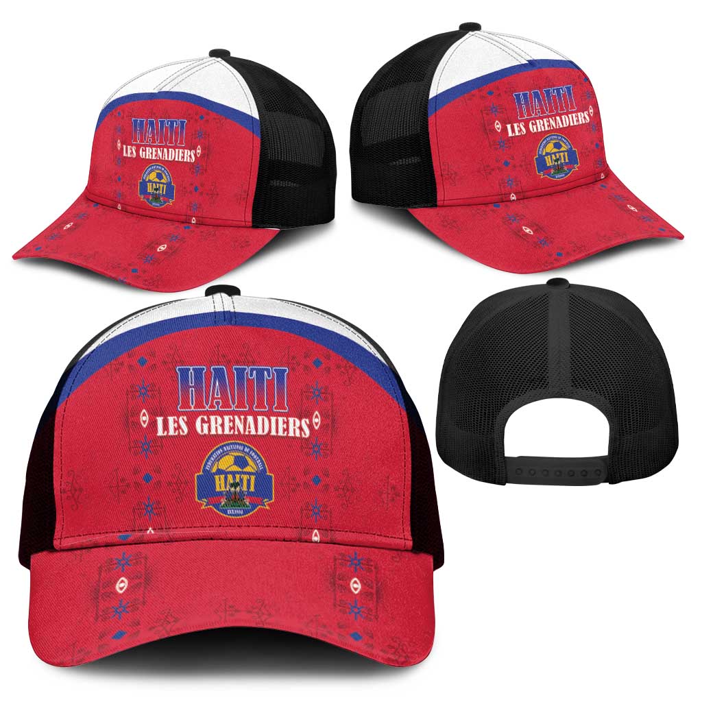 Haiti Football Mesh Trucker Cap Les Grenadiers Veve Haitian Vodou Red Version - Wonder Print Shop