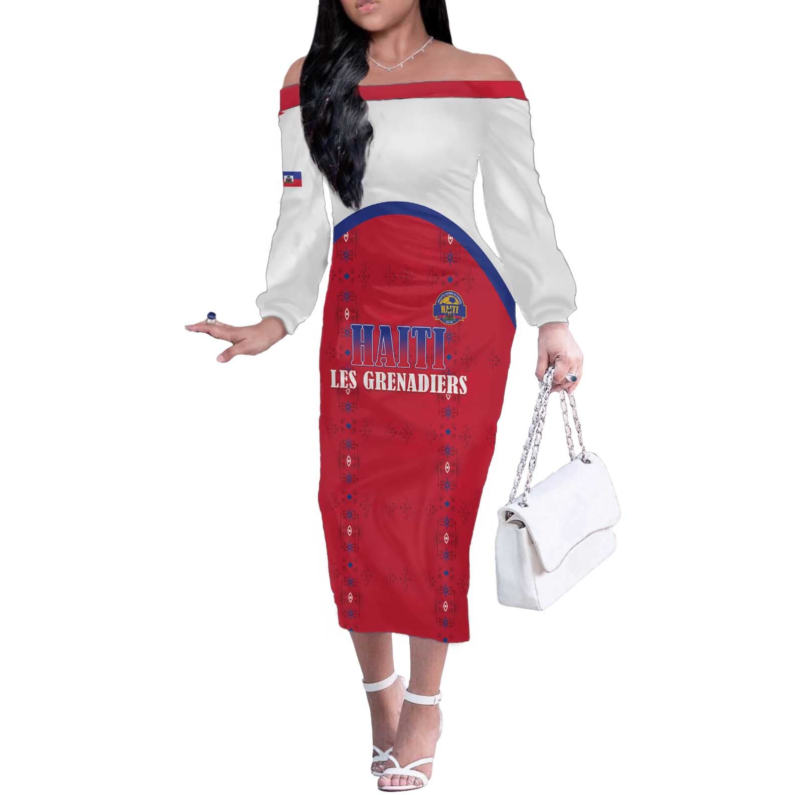 Custom Haiti Football Off The Shoulder Long Sleeve Dress Les Grenadiers Veve Haitian Vodou Red Version - Wonder Print Shop