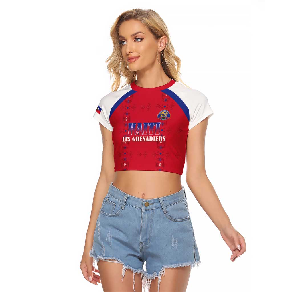 Custom Haiti Football Raglan Cropped T Shirt Les Grenadiers Veve Haitian Vodou Red Version - Wonder Print Shop