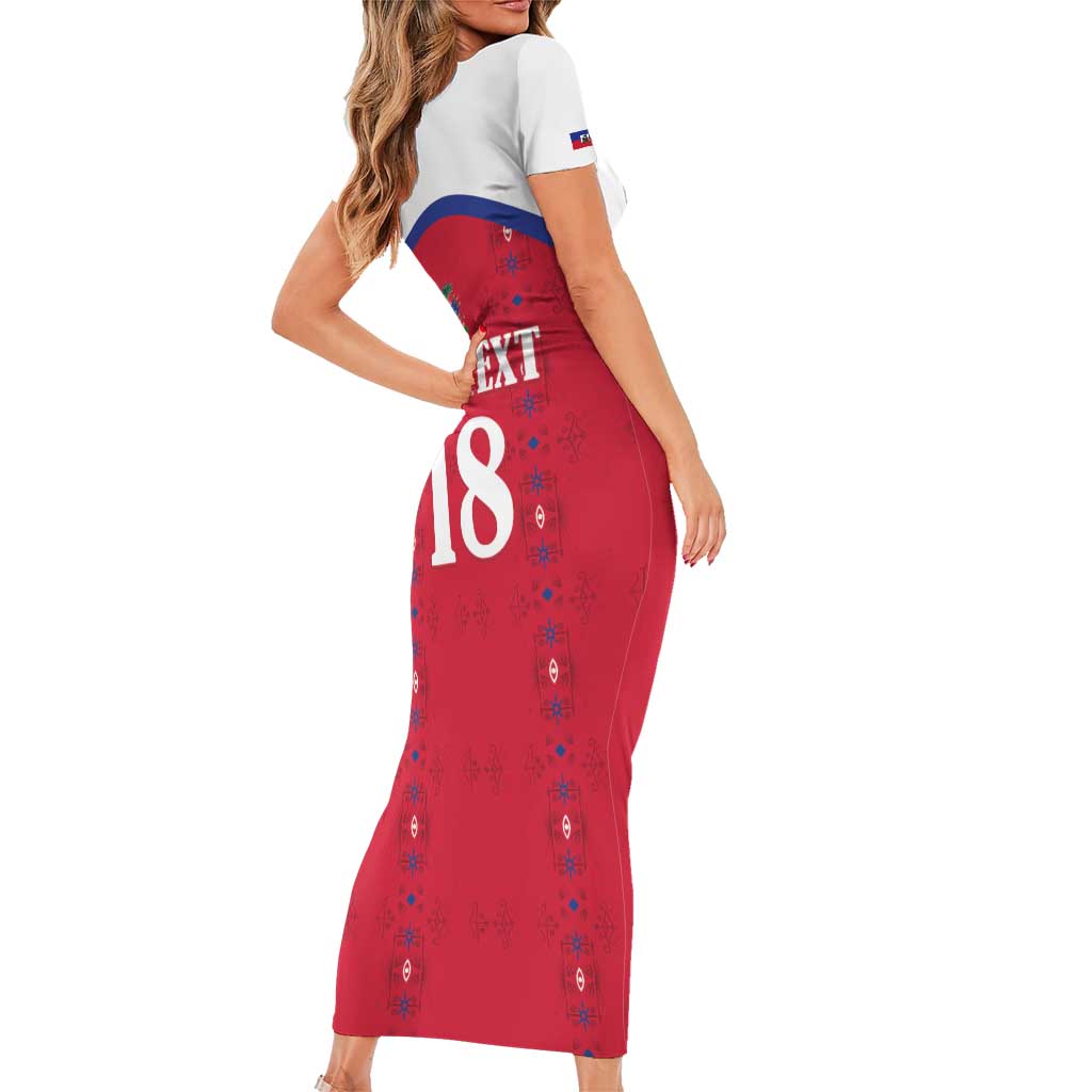 Custom Haiti Football Short Sleeve Bodycon Dress Les Grenadiers Veve Haitian Vodou Red Version - Wonder Print Shop