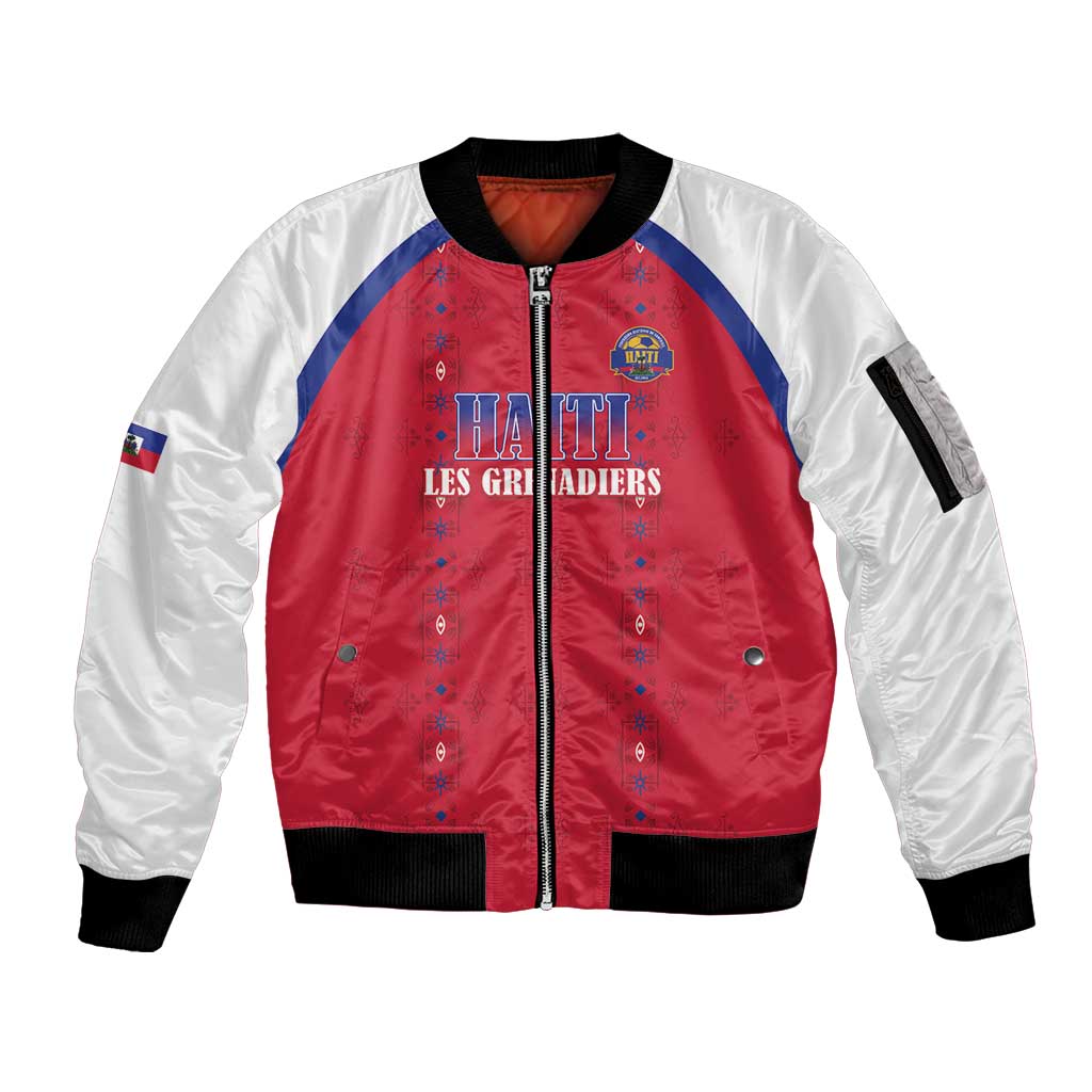 Custom Haiti Football Sleeve Zip Bomber Jacket Les Grenadiers Veve Haitian Vodou Red Version - Wonder Print Shop