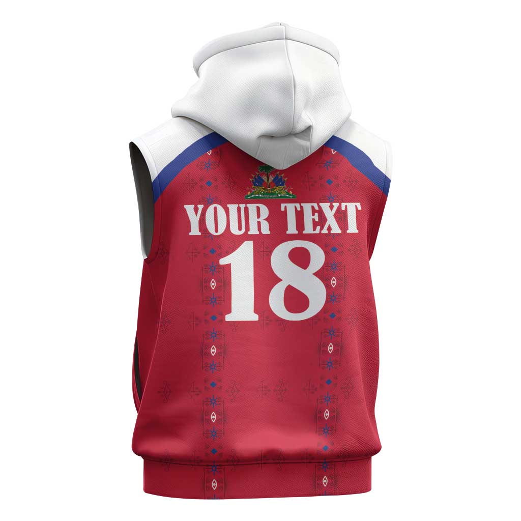 Custom Haiti Football Sleeveless Hoodie Les Grenadiers Veve Haitian Vodou Red Version - Wonder Print Shop