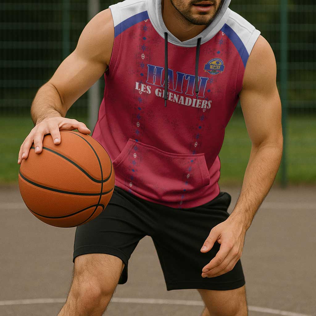 Custom Haiti Football Sleeveless Hoodie Les Grenadiers Veve Haitian Vodou Red Version - Wonder Print Shop