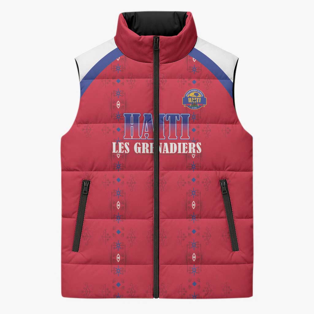 Custom Haiti Football Sleeveless Puffer Jacket Les Grenadiers Veve Haitian Vodou Red Version - Wonder Print Shop