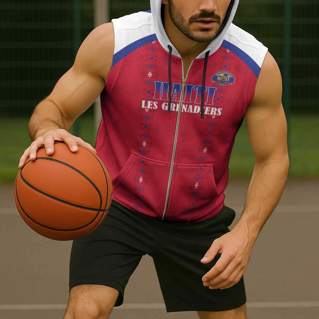 Custom Haiti Football Sleeveless Zip Hoodie Les Grenadiers Veve Haitian Vodou Red Version - Wonder Print Shop
