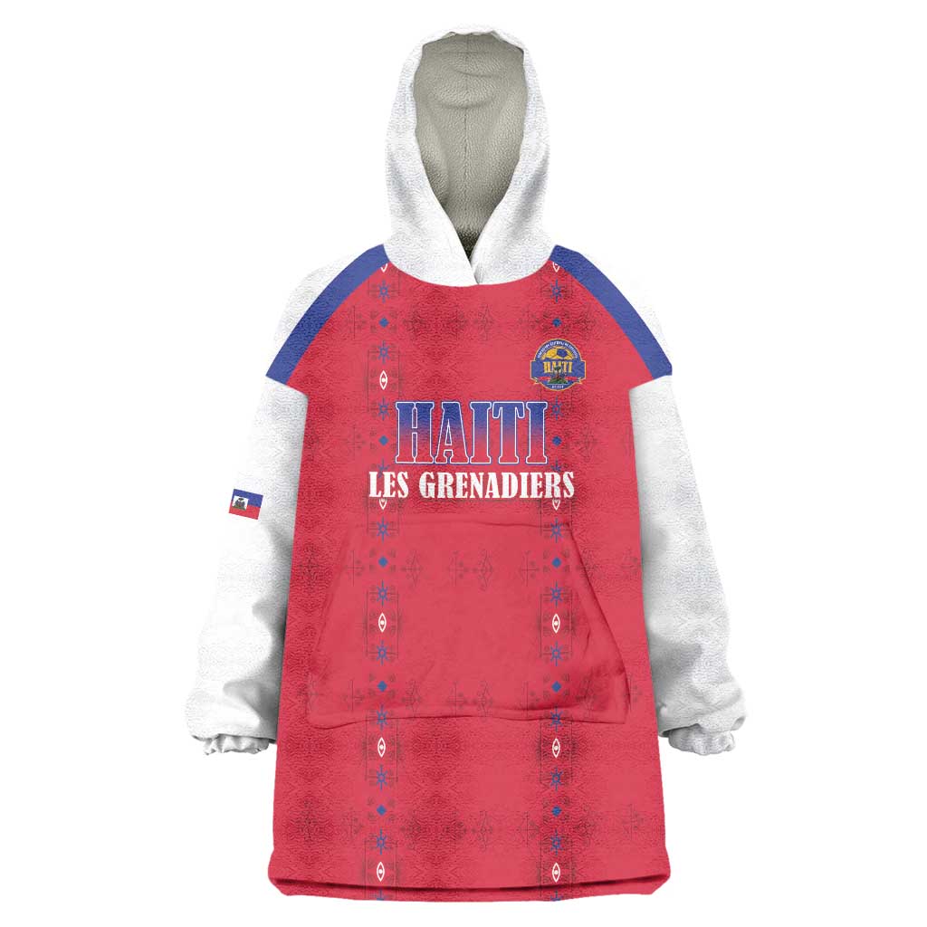 Custom Haiti Football Wearable Blanket Hoodie Les Grenadiers Veve Haitian Vodou Red Version - Wonder Print Shop