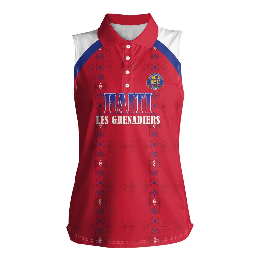 Custom Haiti Football Women Sleeveless Polo Shirt Les Grenadiers Veve Haitian Vodou Red Version - Wonder Print Shop