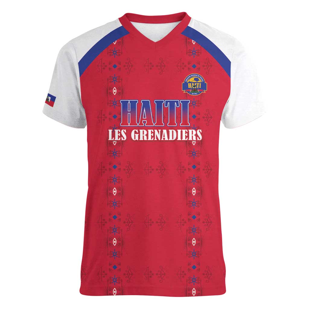 Custom Haiti Football Women V-Neck T-Shirt Les Grenadiers Veve Haitian Vodou Red Version - Wonder Print Shop