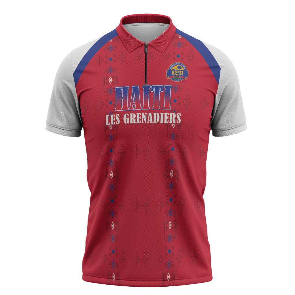 Custom Haiti Football Zipper Polo Shirt Les Grenadiers Veve Haitian Vodou Red Version - Wonder Print Shop