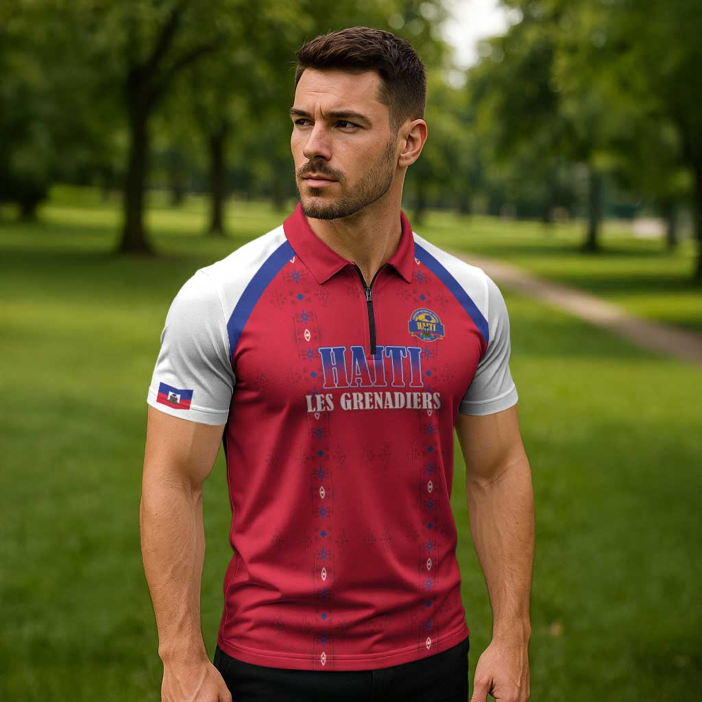 Custom Haiti Football Zipper Polo Shirt Les Grenadiers Veve Haitian Vodou Red Version - Wonder Print Shop