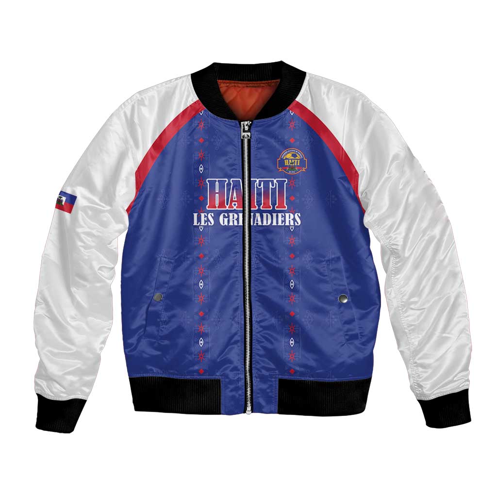 Custom Haiti Football Bomber Jacket Les Grenadiers Veve Haitian Vodou Blue Version - Wonder Print Shop
