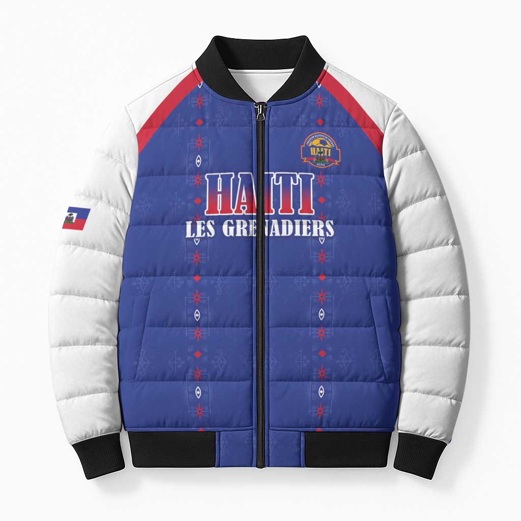 Custom Haiti Football Bomber Puffer Jacket Les Grenadiers Veve Haitian Vodou Blue Version - Wonder Print Shop