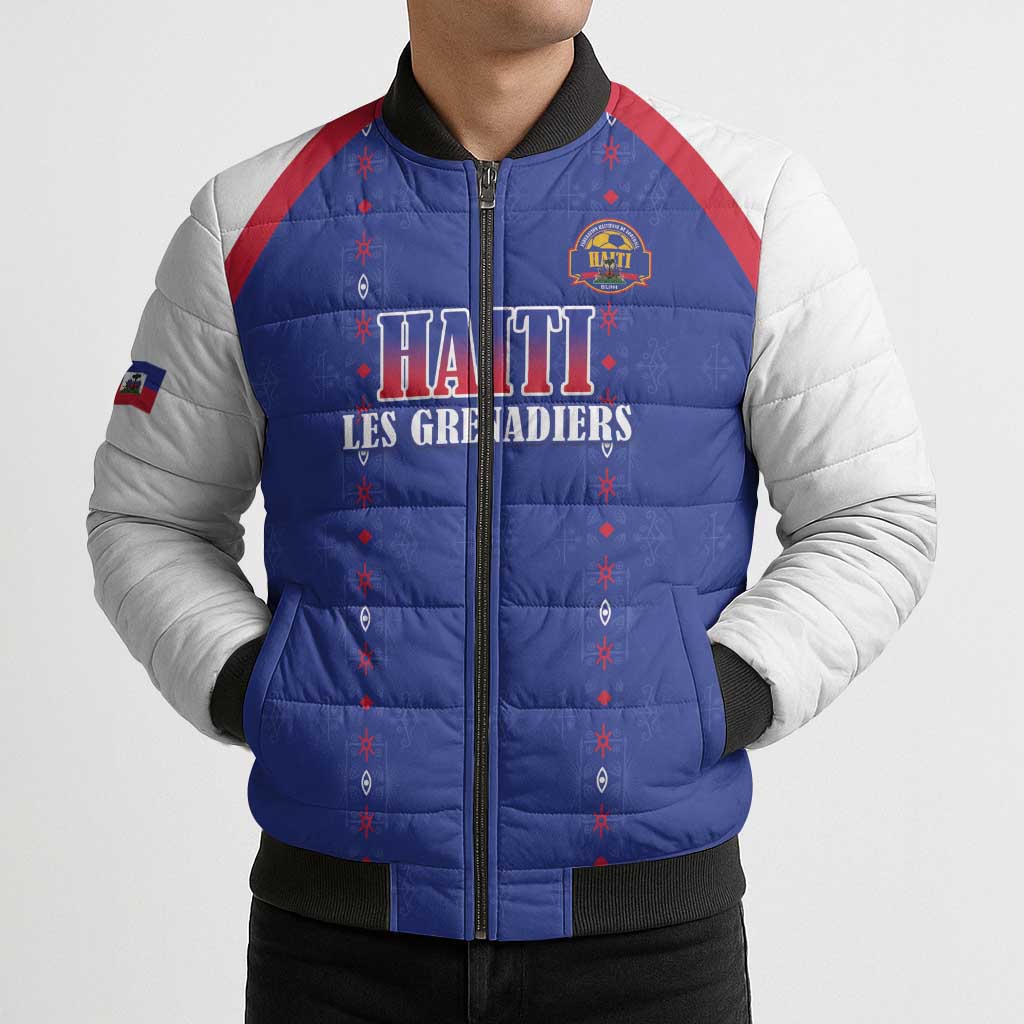 Custom Haiti Football Bomber Puffer Jacket Les Grenadiers Veve Haitian Vodou Blue Version - Wonder Print Shop