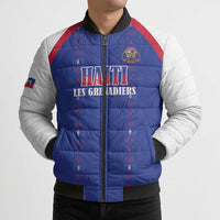 Custom Haiti Football Bomber Puffer Jacket Les Grenadiers Veve Haitian Vodou Blue Version - Wonder Print Shop