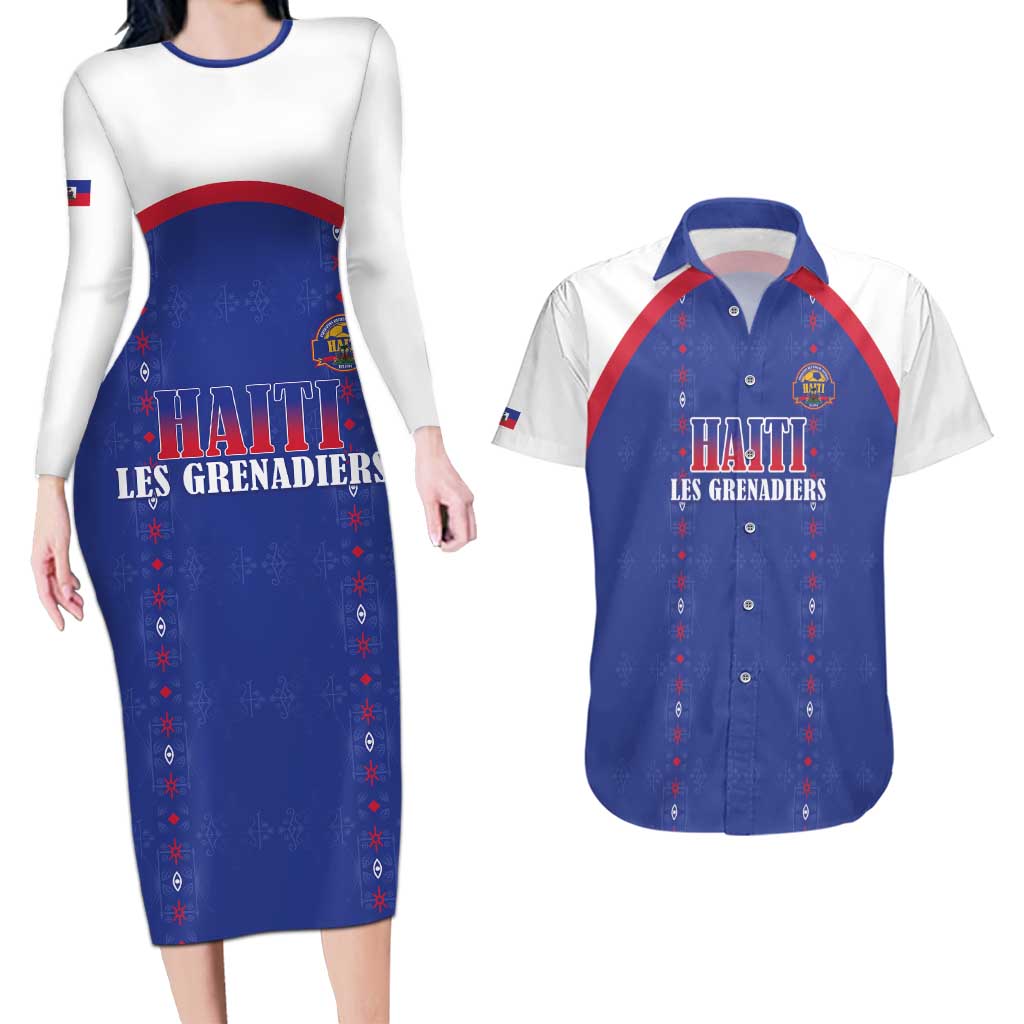 Custom Haiti Football Couples Matching Long Sleeve Bodycon Dress and Hawaiian Shirt Les Grenadiers Veve Haitian Vodou Blue Version - Wonder Print Shop