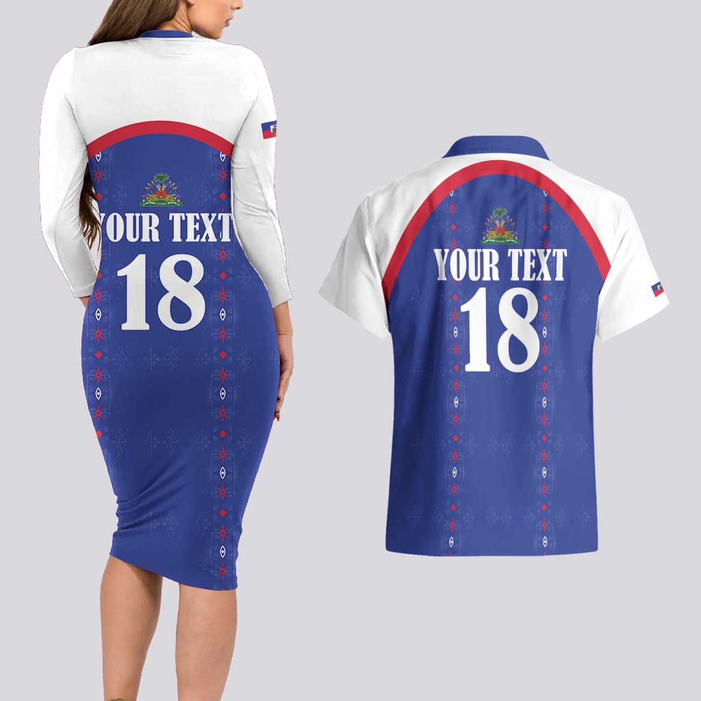 Custom Haiti Football Couples Matching Long Sleeve Bodycon Dress and Hawaiian Shirt Les Grenadiers Veve Haitian Vodou Blue Version - Wonder Print Shop