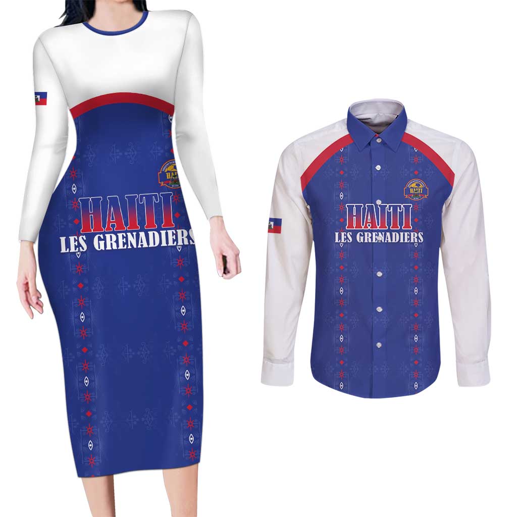 Custom Haiti Football Couples Matching Long Sleeve Bodycon Dress and Long Sleeve Button Shirt Les Grenadiers Veve Haitian Vodou Blue Version - Wonder Print Shop