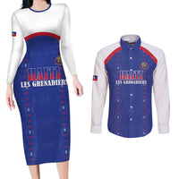 Custom Haiti Football Couples Matching Long Sleeve Bodycon Dress and Long Sleeve Button Shirt Les Grenadiers Veve Haitian Vodou Blue Version - Wonder Print Shop