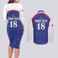 Custom Haiti Football Couples Matching Long Sleeve Bodycon Dress and Long Sleeve Button Shirt Les Grenadiers Veve Haitian Vodou Blue Version - Wonder Print Shop