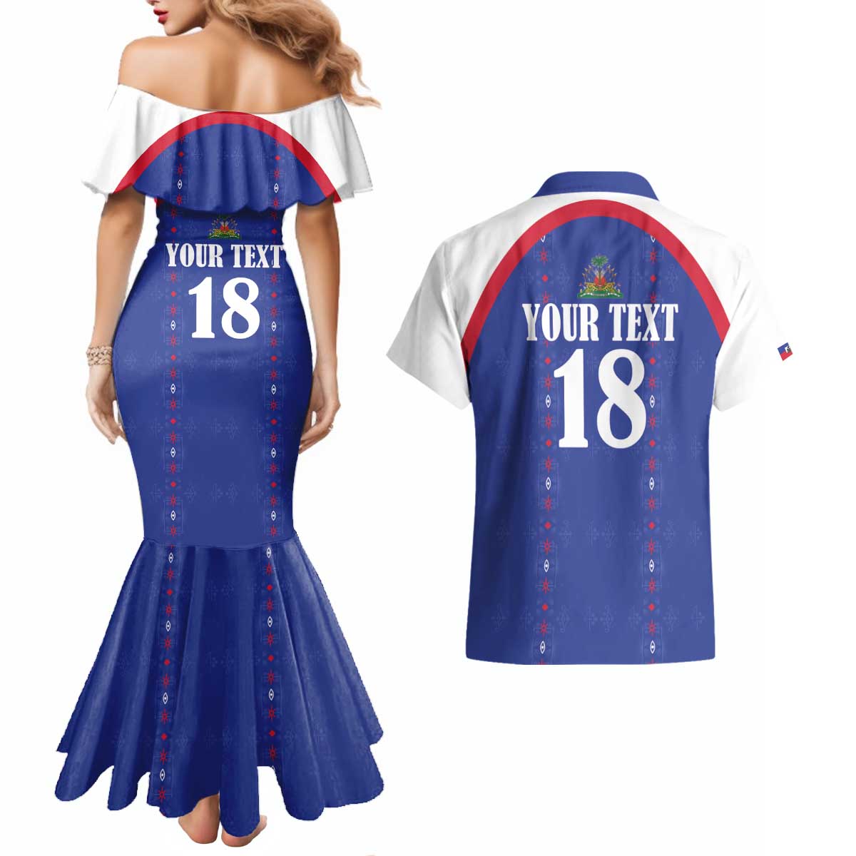 Custom Haiti Football Couples Matching Mermaid Dress and Hawaiian Shirt Les Grenadiers Veve Haitian Vodou Blue Version - Wonder Print Shop