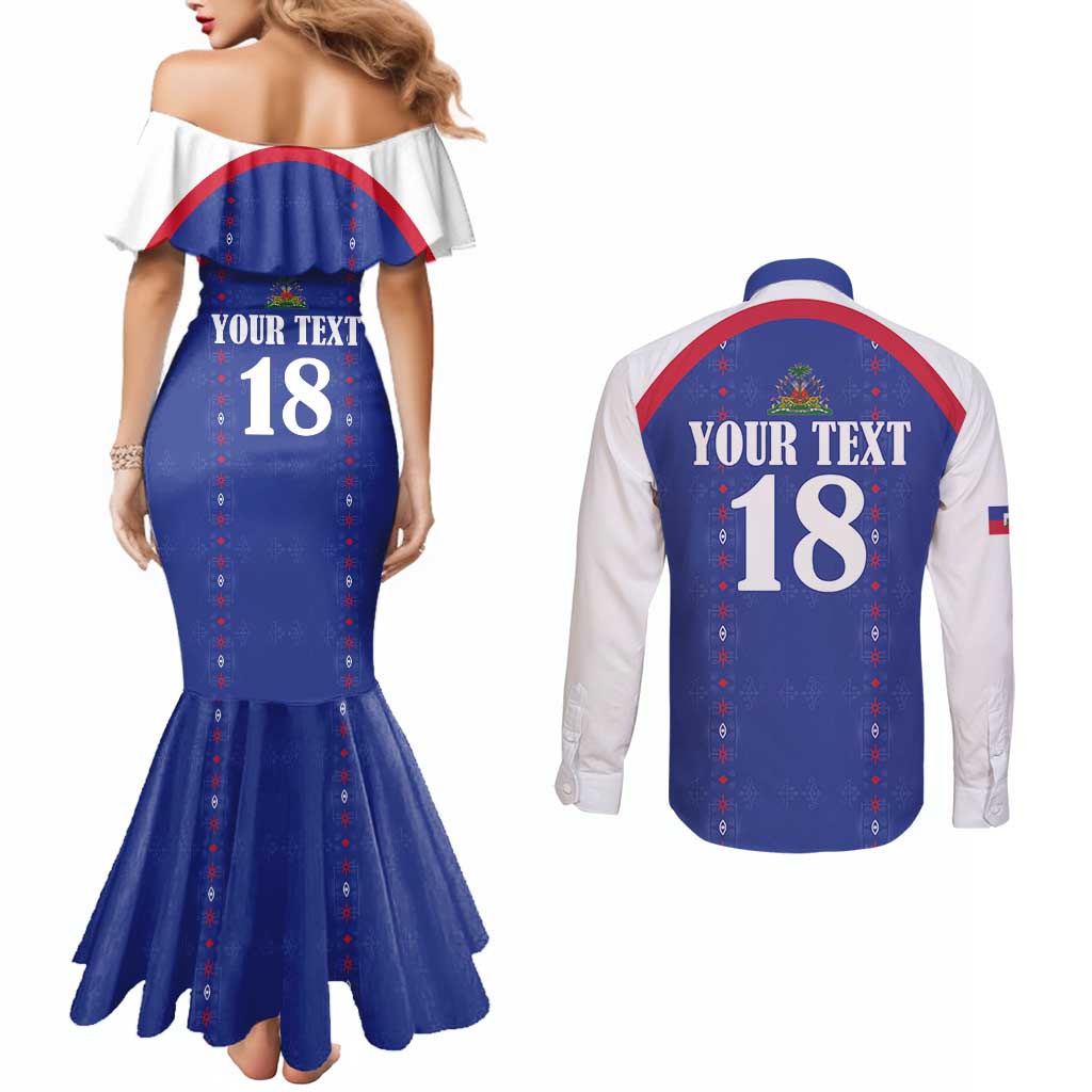 Custom Haiti Football Couples Matching Mermaid Dress and Long Sleeve Button Shirt Les Grenadiers Veve Haitian Vodou Blue Version - Wonder Print Shop